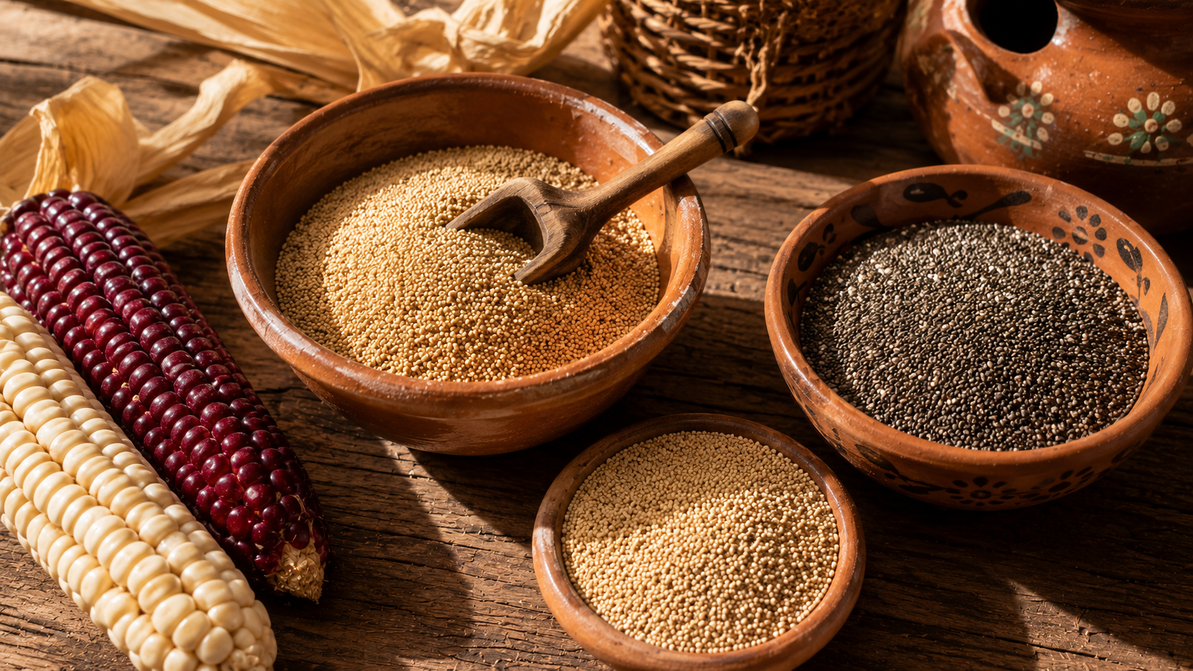 Maíz, amaranto y chía, granos y semillas ancestrales